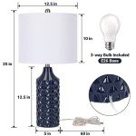 Qingmiao Modern Ceramic Table Lamp, Set of 2 - Navy Blue with Diamond Protrusions Texture, 25'' Nightstand Lamp for Bedroom Living Room, 3-Way Dimmable Included