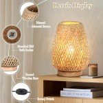 Rattan Table Lamp, Stepless Dimmable Small Beside Lamp, Vintage Wicker Wooden Nightstand Boho Bamboo Woven End Table Lamps for Bedroom Living Room Desk Kids Room, 2700K T45 LED Bulb Included