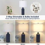 Qingmiao Modern Ceramic Table Lamp, Set of 2 - Navy Blue with Diamond Protrusions Texture, 25'' Nightstand Lamp for Bedroom Living Room, 3-Way Dimmable Included