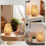 Rattan Table Lamp, Stepless Dimmable Small Beside Lamp, Vintage Wicker Wooden Nightstand Boho Bamboo Woven End Table Lamps for Bedroom Living Room Desk Kids Room, 2700K T45 LED Bulb Included
