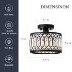 Pevfah Crystal Black Ceiling Light, Modern Semi Flush Mount Ceiling Lighting Fixture, Round Hallway Lighting Fixtures for Kitchen Entryway Bedroom Laundry Room, 1-Light, 9 Inch