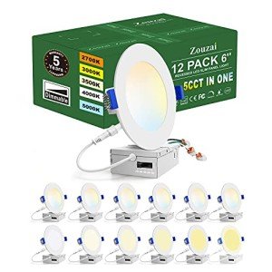 zouzai 12 Pack 6 Inch 5CCT Ultra-Thin LED Recessed Ceiling Light with Junction Box, 2700K/3000K/3500K/4000K/5000K Selectable, 12W Eqv 110W,Dimmable, led can Lights- ETL and Energy Star Certified