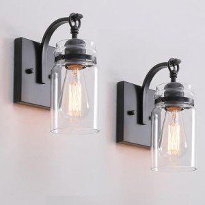winsmart Black Wall Sconces Set of Two, Black Sconces Wall Lighting Fixtures with Clear Glass Indoor 1-Light Bathroom Wall Sconce for Bathroom Hallway Stairwell