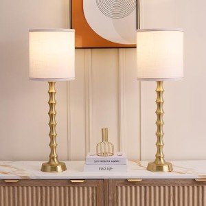 EUO 30.5" Gold Table Lamps for Living Room, Gold Buffet Lamp Set of 2 for Sideboard, Modern Golden Lamps Set of 2 Tall Skinny, Tall Golden Bamboo Lamp for Home Office, Skinny Candlestick Lampset