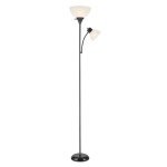 Globe Electric 67135 72" Torchiere Floor Lamp + Adjustable Reading Light, Matte Black, Frosted Plastic Shade, 3-Step Rotary Switch on Socket, Living Room Décor, Reading Light, Home Essentials