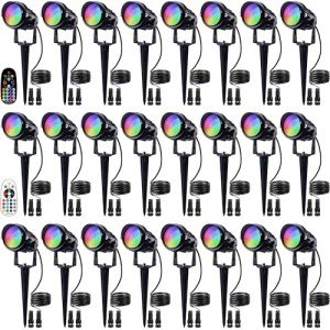 SUNVIE 24 Pack RGBW Low Voltage Landscape Lights, 12W LED Color Changing Landscape Lighting with Remote Control and Wire Connectors, AC/DC 12V-24V Waterproof Outdoor Spotlight for Yard Garden Pathway