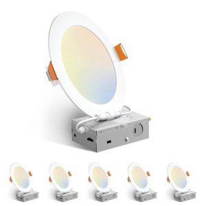 Amico 6 Pack 6 Inch 5CCT Ultra-Thin LED Recessed Ceiling Light with Junction Box, 2700K/3000K/3500K/4000K/5000K Selectable, 12W Eqv 110W 1050LM Brightness Dimmable Canless Wafer Downlight, ETL & FCC