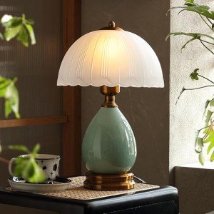 Glivpny Vintage Lamp Bedroom Lamps,16" Mid Century Modern Table Lamps for Living Room,Retro Bedside Nightstand Traditional Lamps, Classic Chinoiserie Ceramic Green Lamp for Home Decor (LD001)