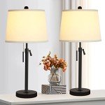 Bedside Table Lamps Set of 2: Tall Black Table Lamps for Living Room End Table | Height Adjustable 3-Way Dimmable Nightstand Lamp with Pull Chain Switch Modern Lamps for Bedroom Office(Bulbs Included)