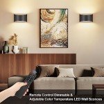 TRLIFE Modern LED Wall Sconces, Remote Control Dimmable and Adjustable Color Temperature 3000K~6000K Aluminum 12W Hardwired 120V AC Dimmable Wall Mounted Light for Bedroom Living Room(Black, 2 Pack)