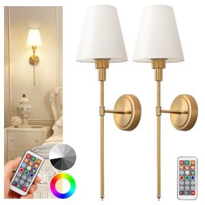 DORESshop Battery Operated Wall Sconce Set of 2, Wall Light Wireless Easy to Install Remote Control, Dimmable and Adjustable Sconces Wall Decor, Rechargeable Wall Lamp for Bedroom, Living Room, Gold