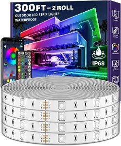 300ft Waterproof LED Strip Lights with Bluetooth App, RGB Exterior Rope Lights for Balcony, Deck, Roof, Pool - IP68, Self-Adhesive, Music Sync