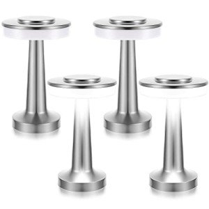 Riakrum 4 Pcs Portable Cordless Table Lamp with Touch Sensor 3 Color Stepless Dimming Rechargeable Battery up to 15 Hours Cordless Table Light Wireless Lamp for Nursery(Silver)