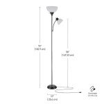 Globe Electric 67135 72" Torchiere Floor Lamp + Adjustable Reading Light, Matte Black, Frosted Plastic Shade, 3-Step Rotary Switch on Socket, Living Room Décor, Reading Light, Home Essentials