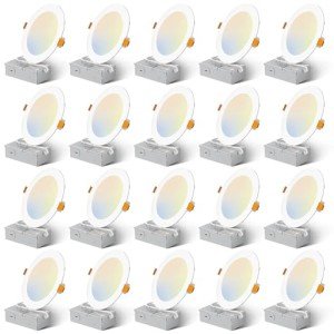 Amico 20 Pack 6 Inch 5CCT Ultra-Thin LED Recessed Ceiling Light with Junction Box, 2700K/3000K/4000K/5000K/6000K Selectable, 12W Eqv 110W, Dimmable Can-Killer Downlight, 1050LM High Brightness