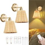 Frideko Rattan Rechargeable Battery Operated Wall Sconces Set of Two with Remote, 3 Colors Dimmable Wireless Wall Light, 5200mAh Indoor Wall Lamp with 4 Timer, Boho Sconces Wall Lighting for Bedroom