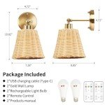 Frideko Rattan Rechargeable Battery Operated Wall Sconces Set of Two with Remote, 3 Colors Dimmable Wireless Wall Light, 5200mAh Indoor Wall Lamp with 4 Timer, Boho Sconces Wall Lighting for Bedroom