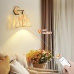Frideko Rattan Rechargeable Battery Operated Wall Sconces Set of Two with Remote, 3 Colors Dimmable Wireless Wall Light, 5200mAh Indoor Wall Lamp with 4 Timer, Boho Sconces Wall Lighting for Bedroom