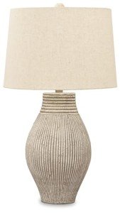 Signature Design by Ashley Layal Casual 29" Textured Paper Composite Carved Base Single Table Lamp, Beige