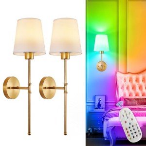 Depuley Battery Operated Wall Sconce: Set of 2 Wireless Wall Lights with Remote for Bedroom - Rechargeable 15 Colors Gold Wall Lamp for Living Room Hallway