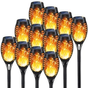 KYEKIO Solar Torch Light with Flickering Flame, 12Pack Solar Lights Outdoor, Waterproof Outdoor Lights for Yard Garden, Luces Solares para Exteriores, Tiki Torches for Outside Patio Decorations
