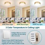 Xbuyee 2Pack LED Flush Mount Ceiling Light Fixture 13" 20W, 3000/4000/5000K Color Selectable, Dimmable Ceiling Lamp for Kitchen, Hallway, Stairwell, Gold, ETL