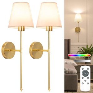 NIORSUN Battery Operated Wall Sconce Set of 2,Gold Rechargeable Wall Lights with 5200mAh Dimmable Bulbs and Remote,10 Colors Wireless Wall Lamps for Bedroom Living Room Hallway