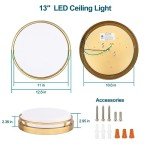 Xbuyee 2Pack LED Flush Mount Ceiling Light Fixture 13" 20W, 3000/4000/5000K Color Selectable, Dimmable Ceiling Lamp for Kitchen, Hallway, Stairwell, Gold, ETL