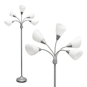 Simple Designs LF2006-SVW 67" Contemporary Multi Head Medusa 5 Light Adjustable Gooseneck Silver Floor Lamp with White Shades for Kids Bedroom Playroom Living Room Office