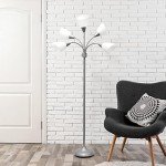 Simple Designs LF2006-SVW 67" Contemporary Multi Head Medusa 5 Light Adjustable Gooseneck Silver Floor Lamp with White Shades for Kids Bedroom Playroom Living Room Office