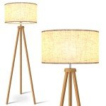LEPOWER Wood Tripod Floor Lamp, Mid Century Standing Lamp for Living Room, Flaxen Lamp Shade, Modern Design Standing Lamp with E26 Base, Tall Floor Light for Bedroom, Study Room and Office Brown