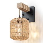 Neechicx Rattan Boho Wall Sconce, Hardwired Hand-Woven Farmhouse Wall Lamps with Wooden Arm & On/Off Dimmable Switch,Large Rustic Indoor Wall Mount Light Fixtures for Bedroom Nursery Bathroom, 1 Pack