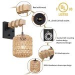 Neechicx Rattan Boho Wall Sconce, Hardwired Hand-Woven Farmhouse Wall Lamps with Wooden Arm & On/Off Dimmable Switch,Large Rustic Indoor Wall Mount Light Fixtures for Bedroom Nursery Bathroom, 1 Pack