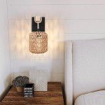 Neechicx Rattan Boho Wall Sconce, Hardwired Hand-Woven Farmhouse Wall Lamps with Wooden Arm & On/Off Dimmable Switch,Large Rustic Indoor Wall Mount Light Fixtures for Bedroom Nursery Bathroom, 1 Pack