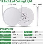 6PK 12 Inch LED Flush Mount Ceiling Light, 24W, 2520LM, 3000K/4000K/6000K CCT Selectable, Round Flat Panel Light Low Profile Ceiling Light Fitures for Hallway, Kitchen, Bedroom, Laundry Room