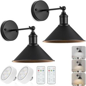 Vintage Black Wireless Battery Operated Wall Sconces, Cordless LED Wall Lights Set of 2 with Remote Control, for Bedroom, Farmhouse, Gallery - Easy Setup, Adjustable Brightness, Long-Lasting Battery