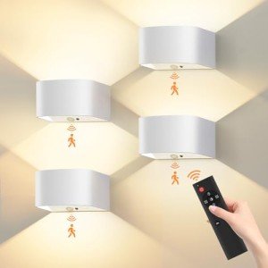 4 Pack Motion Sensor Wall Sconce, 5500mAh - Wall Light with Remote Control - Dimmable 3 Color Changing Light Fixture - Rechargeable Battery Operated Wall Mounted Lights - LED Indoor Wall Lamp, White