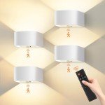 4 Pack Motion Sensor Wall Sconce, 5500mAh - Wall Light with Remote Control - Dimmable 3 Color Changing Light Fixture - Rechargeable Battery Operated Wall Mounted Lights - LED Indoor Wall Lamp, White