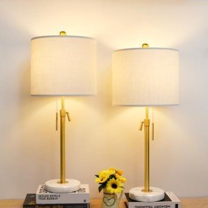 Lamp Modern Set of 2: 22" to 30" Height Adjustable Pull Chain Switch for Living Room Bedroom End Table, Marble Base White Linen Shade Golden Pole Nightstand Lamp Brass for Office, Bedside Table