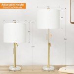 Lamp Modern Set of 2: 22" to 30" Height Adjustable Pull Chain Switch for Living Room Bedroom End Table, Marble Base White Linen Shade Golden Pole Nightstand Lamp Brass for Office, Bedside Table