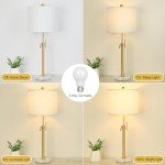 Lamp Modern Set of 2: 22" to 30" Height Adjustable Pull Chain Switch for Living Room Bedroom End Table, Marble Base White Linen Shade Golden Pole Nightstand Lamp Brass for Office, Bedside Table