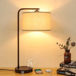 Side Table Lamp with Dual USB Ports, Dimmable Bedside Lamp Modern Nightstand Lamp Desk Reading Lamp with Linen Lampshade for Bedroom, Living Room, Study Room, Office, 9W 3000K LED Bulb Included