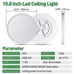 15.8 Inch LED Flush Mount Ceiling Light, 32W, 3480LM,Ceiling Light 3000K/4000K/6000K CCT Selectable,Low Profile Light Fixture for Kitchen, Bedroom,ect