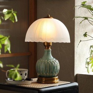 Glivpny Vintage Lamp for Living Room,16" Modern Ceramic Table Lamps for Bedroom,Retro Bedside Nightstand Traditional Lamps, Classic Chinoiserie Green Lamp for Home Decor (LD002)