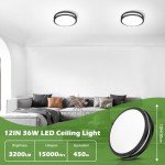 12 Inch Flush Mount Ceiling Lights, 36W 3200LM Black Dimmable Light Fixtures Ceiling Mount, 3000K-5000K Selectable Modern Kitchen Light Fixtures for Stairwell, Balcony, Corridor, Laundry (2-Pack)