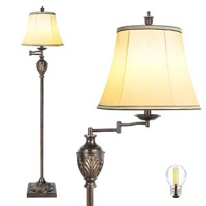 Traditional LED Floor Lamp with 350° Adjustable Swing Arm Lamp – Vintage Standing Pole lamp for Living Room, Bedroom and Office – Rustic Upright Floor Light for Home Décor with Faux Silk Fabric Shade