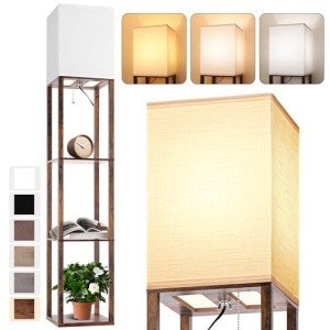 Floor Lamp with Shelves for Living Room Brown, Shelf Floor Lamp with 3 CCT LED Bulb, Corner Display Standing Column Lamp Etagere Organizer Tower Nightstand with White Linen Shade for Bedroom