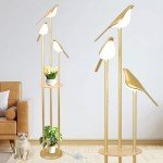 Gold Floor Lamp for Living Room With Shelves - Modern Mid Century Standing Light With 3 Adjustable LED Bird Lights, Corner Tall Lamp With Table, Brass Stand for Bedroom Kids Room