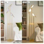 Gold Floor Lamp for Living Room With Shelves - Modern Mid Century Standing Light With 3 Adjustable LED Bird Lights, Corner Tall Lamp With Table, Brass Stand for Bedroom Kids Room
