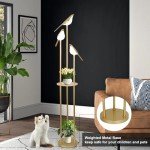 Gold Floor Lamp for Living Room With Shelves - Modern Mid Century Standing Light With 3 Adjustable LED Bird Lights, Corner Tall Lamp With Table, Brass Stand for Bedroom Kids Room